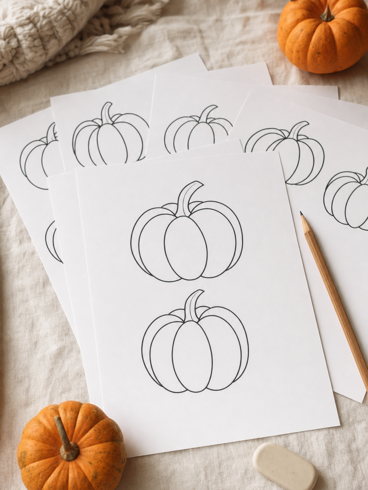 Printed pumpkin drawing template pages fanned out on cream linen with a pencil, an eraser and two small orange pumpkins