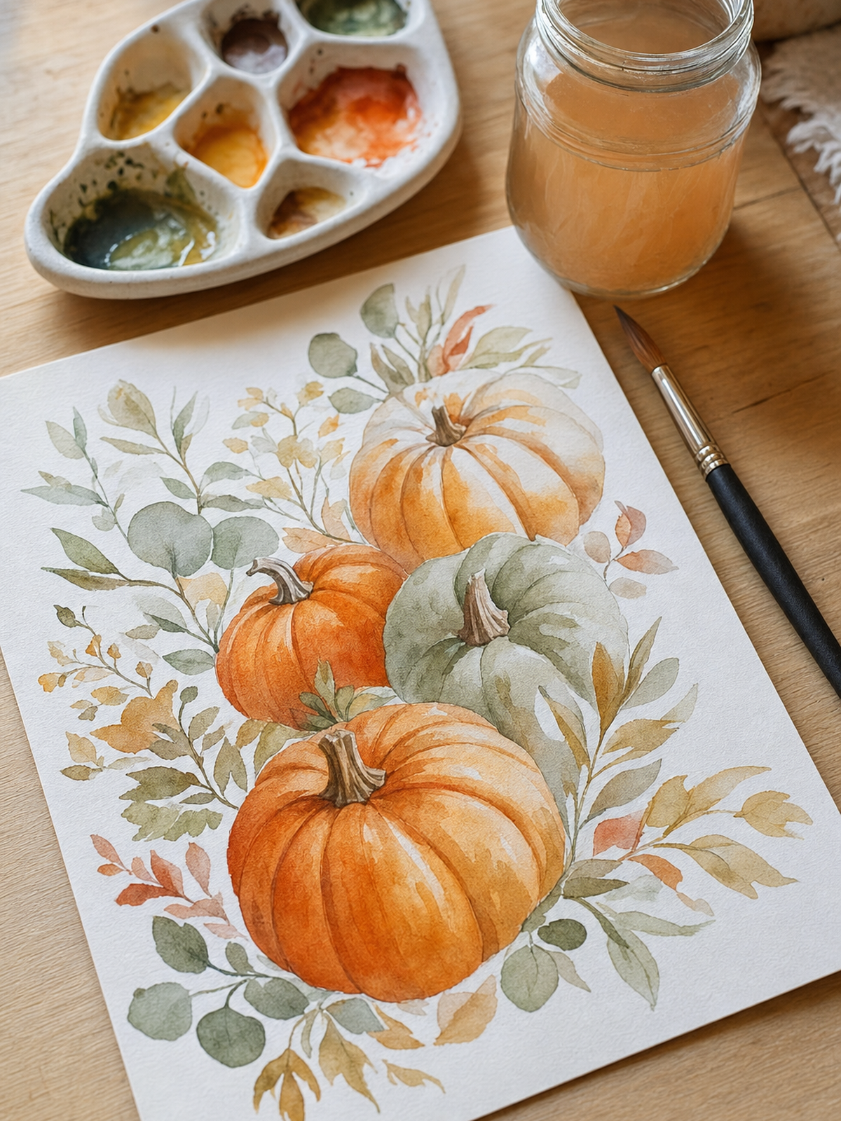 A page of pumpkin drawings filled in with soft orange and sage watercolor washes, beside a brush and a ceramic palette