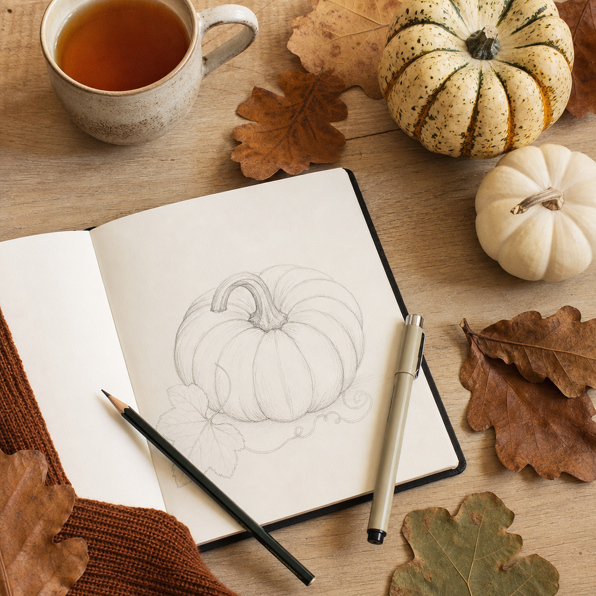 Twelve easy pumpkin drawings in black fine-liner on a sketchbook page with small orange pumpkins and autumn leaves