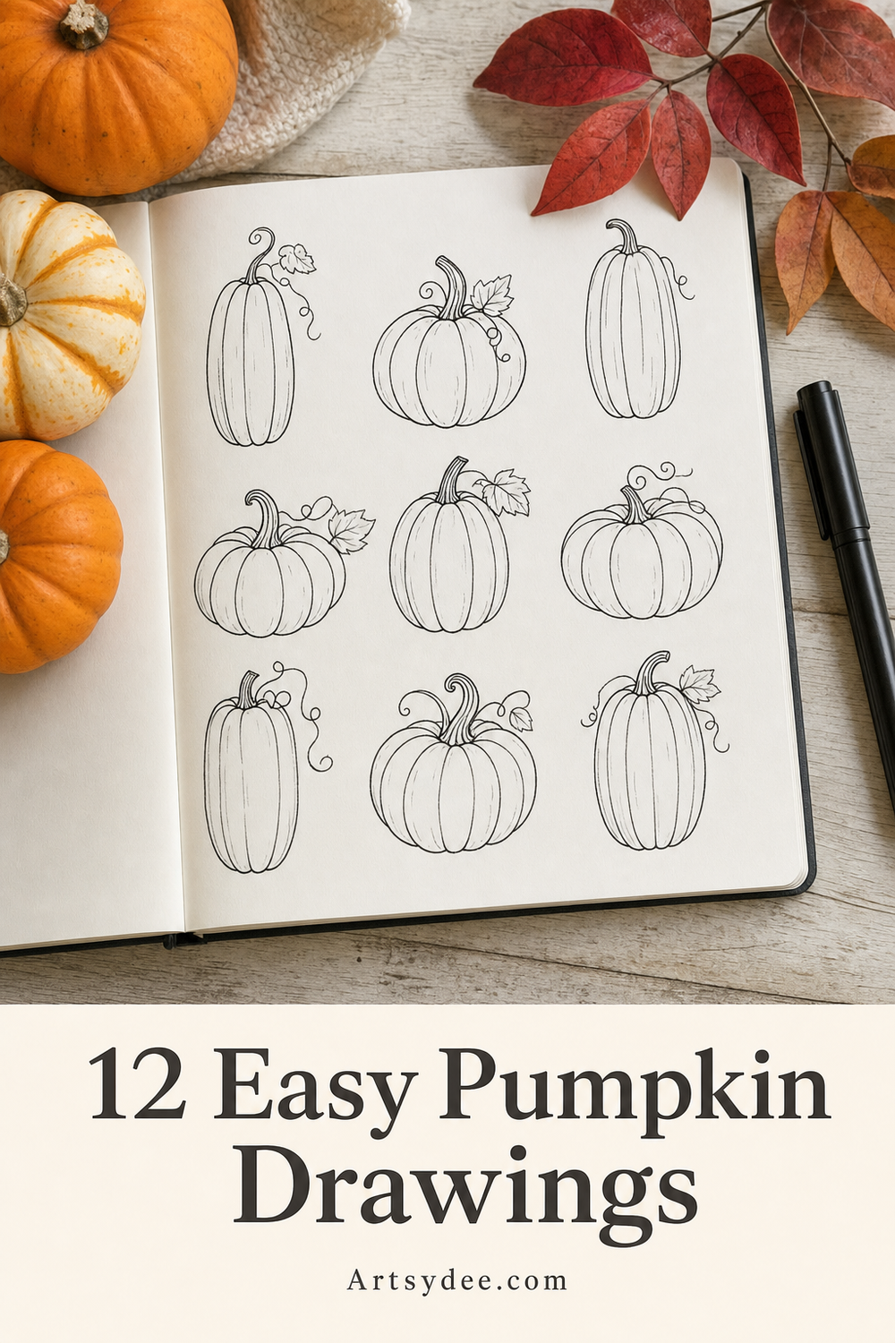 Sketchbook page filled with twelve easy pumpkin drawings in black fine-liner, surrounded by small orange pumpkins and autumn leaves