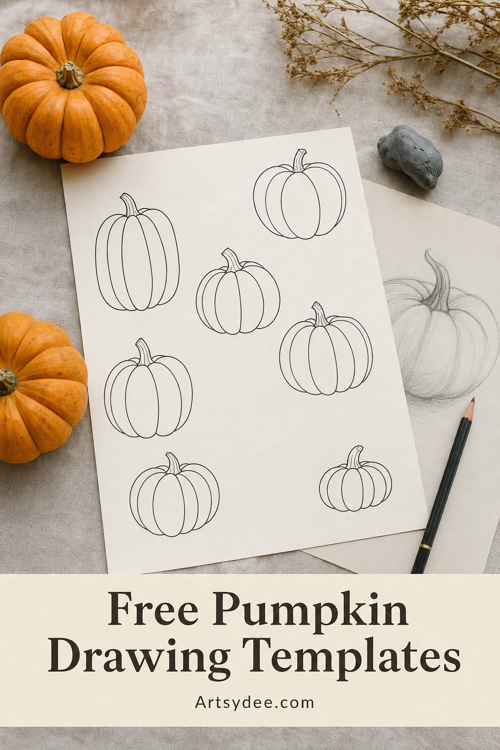 Printable pumpkin drawing template page on linen with small pumpkins and a pencil, captioned Free Pumpkin Drawing Templates