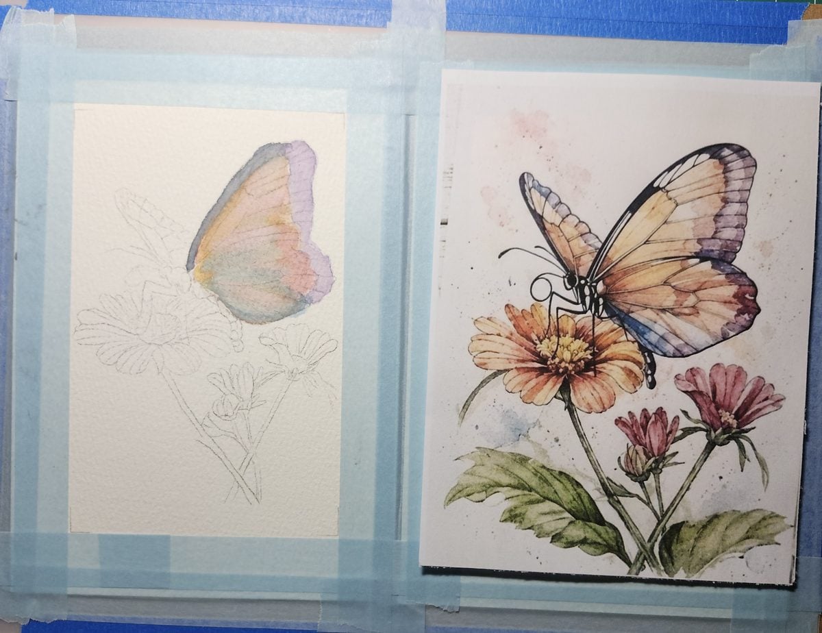 Work in progress: Cheryl M.'s 4x6 watercolour butterfly beside the Artsydee reference print