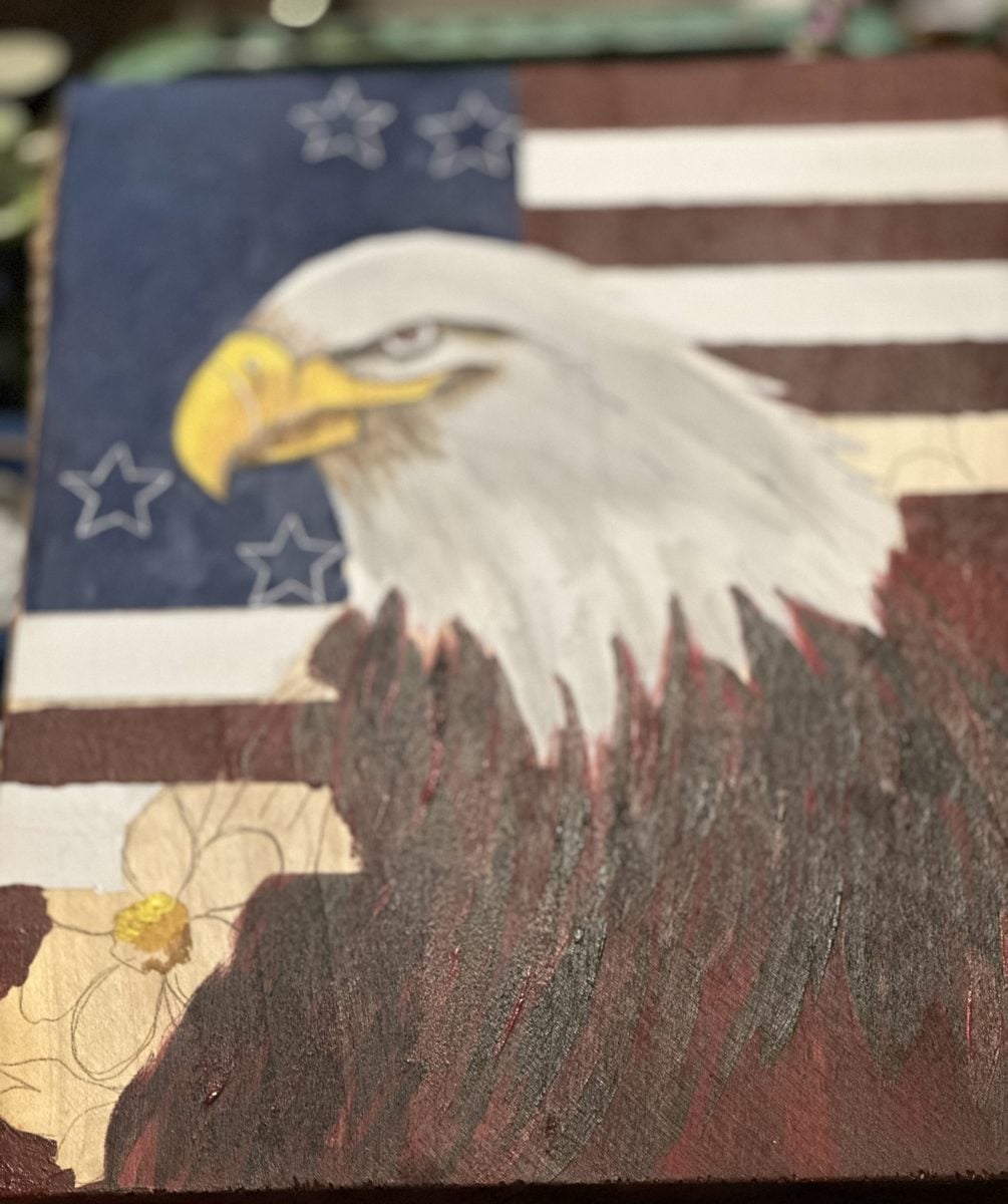 Eagle and American flag acrylic painting in progress by reader Diane N.