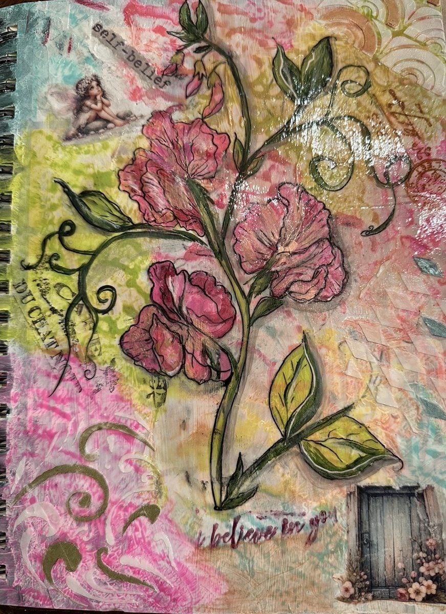 Sweet pea art journal page by reader Diane N., made from the Artsydee Sweet Pea collection