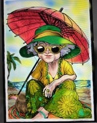 Lady with a parasol colouring page, coloured digitally in the Pigment app by reader Janet H.