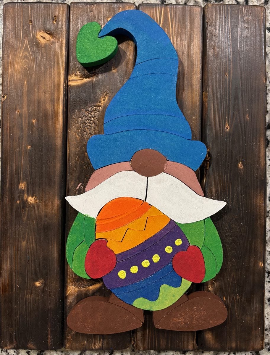Layered scroll-saw wooden gnome wall art by reader Rick S.