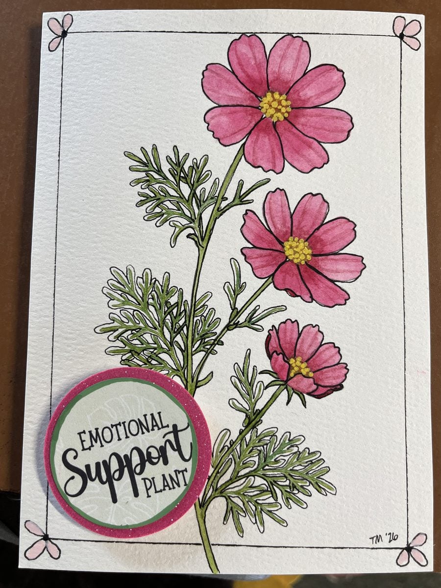 Hand-painted cosmos greetings card by member Tammie M., from the free Artsydee cosmos line art