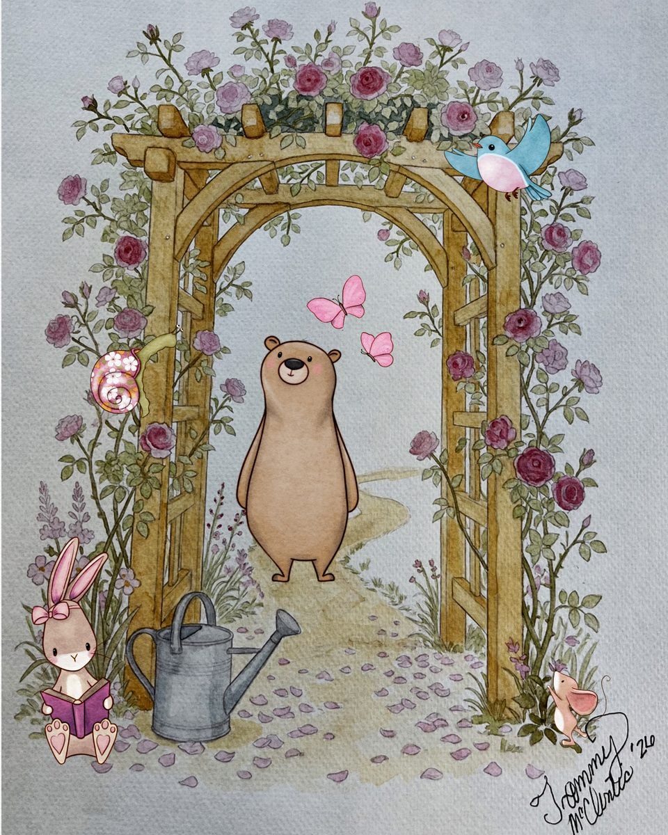 Tammie M.'s rose arch watercolour with a bear, bunny and mouse added in Procreate