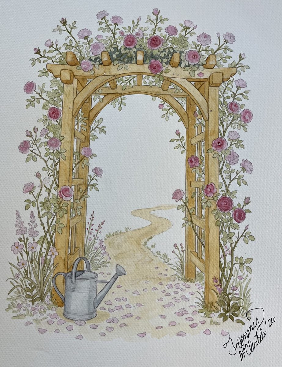 11x14 watercolour of a rose-covered garden arch by member Tammie M., painted from an Artsydee template