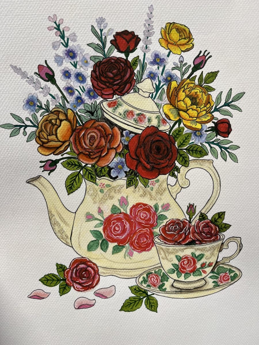 Mixed-media teapot and teacup overflowing with roses by member Tammie M.