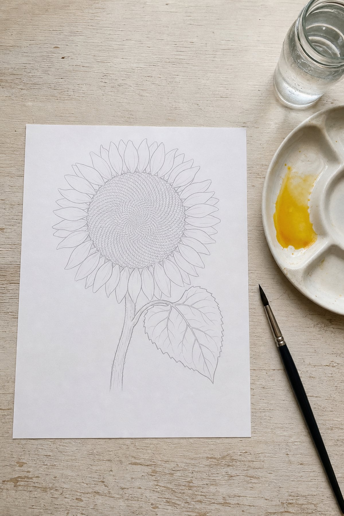 The free printable sunflower watercolor template printed and lying flat on a wooden desk beside a palette of yellow paint