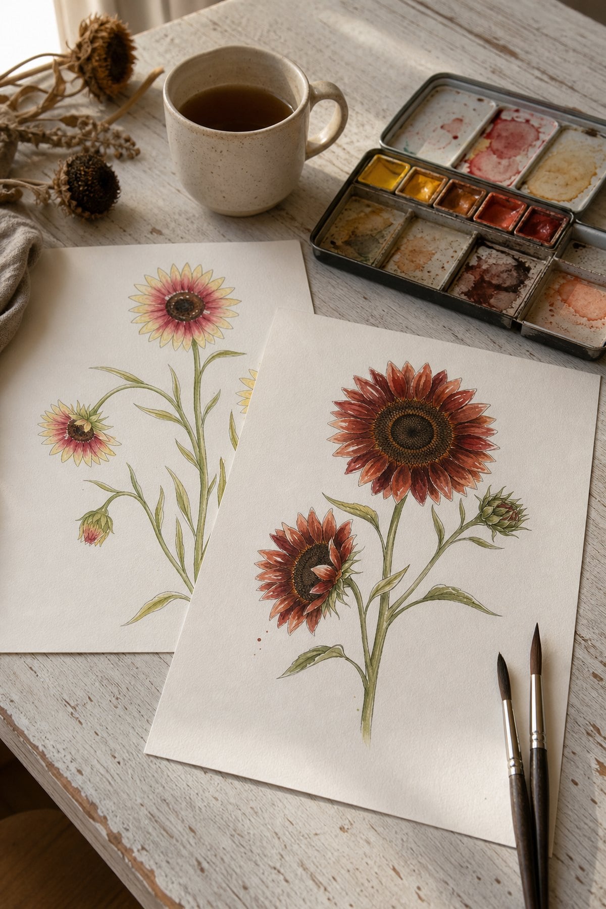 Sunflower watercolor tutorials pin &mdash; two finished watercolour sunflower paintings on a whitewashed table with a mug of tea, a watercolour tin and two brushes