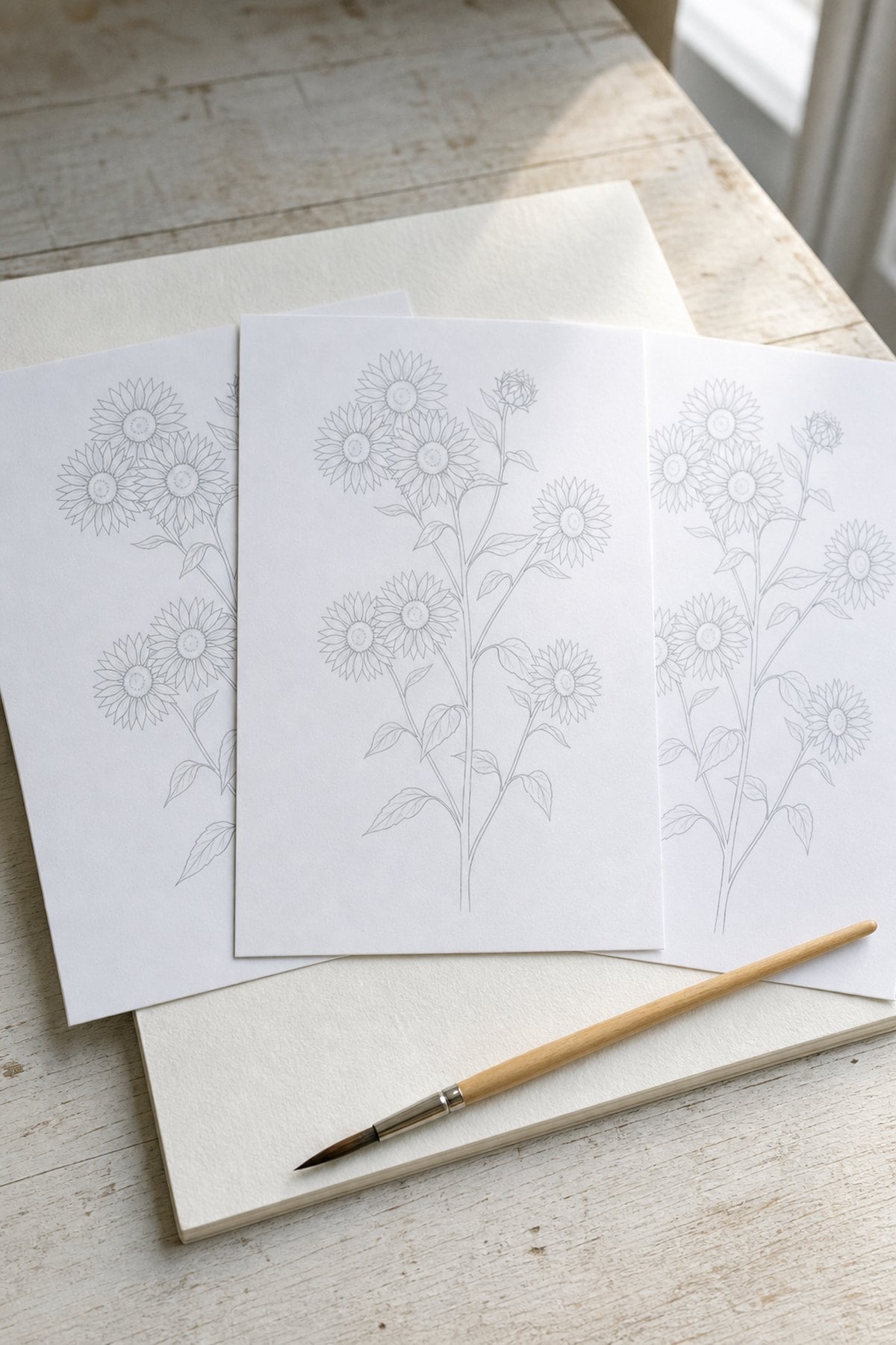 Printed sunflower watercolor templates fanned out on a whitewashed desk next to a watercolour pad and brush
