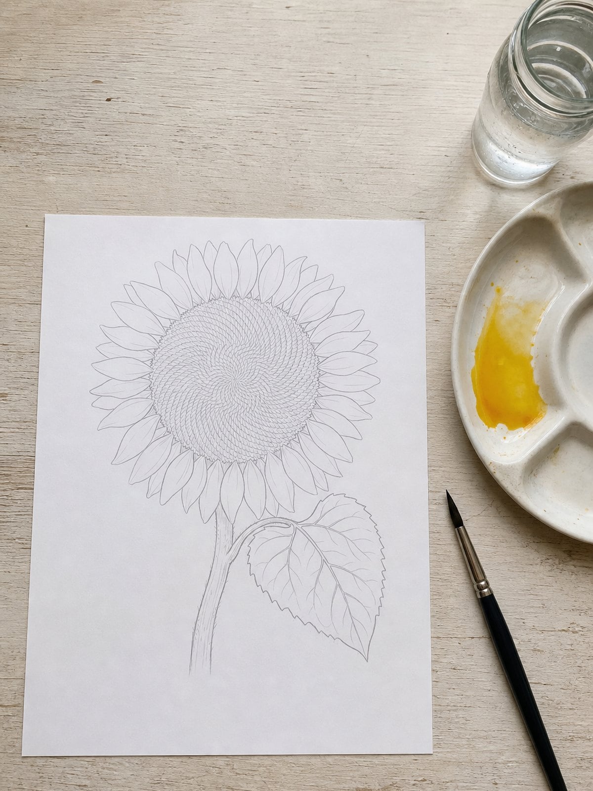 The free printable sunflower watercolor template shown printed on a desk beside a palette of golden yellow paint and a round brush
