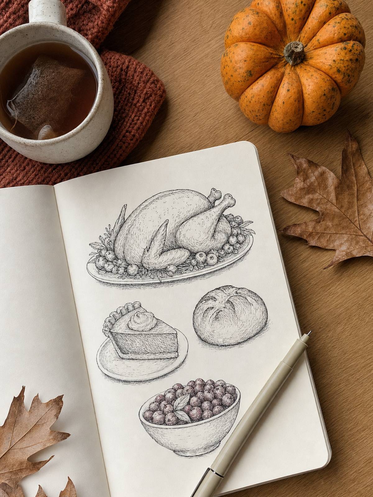 Cosy autumn desk with a sketchbook of simple Thanksgiving food doodles, a fineliner pen, tea and a small pumpkin