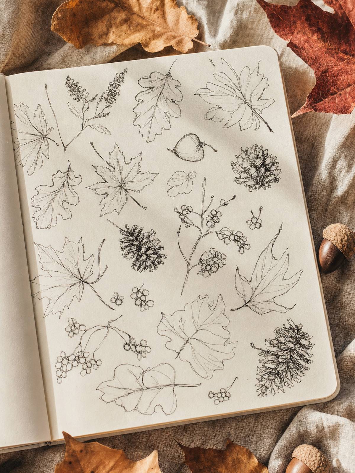 Close-up of a sketchbook page covered in black ink fall doodles &mdash; maple leaves, acorns, pinecones and berry sprigs