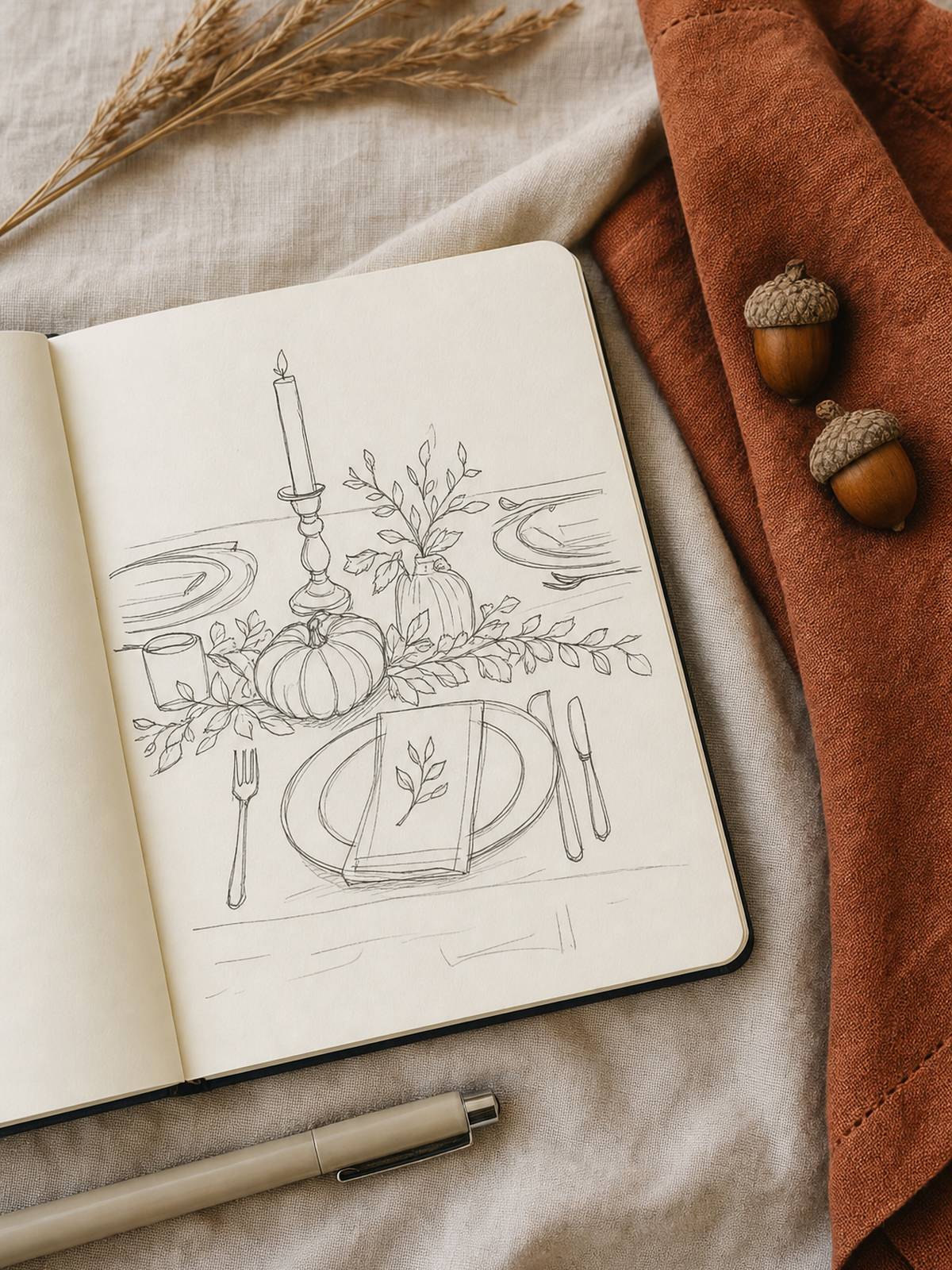 Sketchbook on a linen tablecloth showing a simple ink doodle of a Thanksgiving table with plates, a candle and a leaf garland