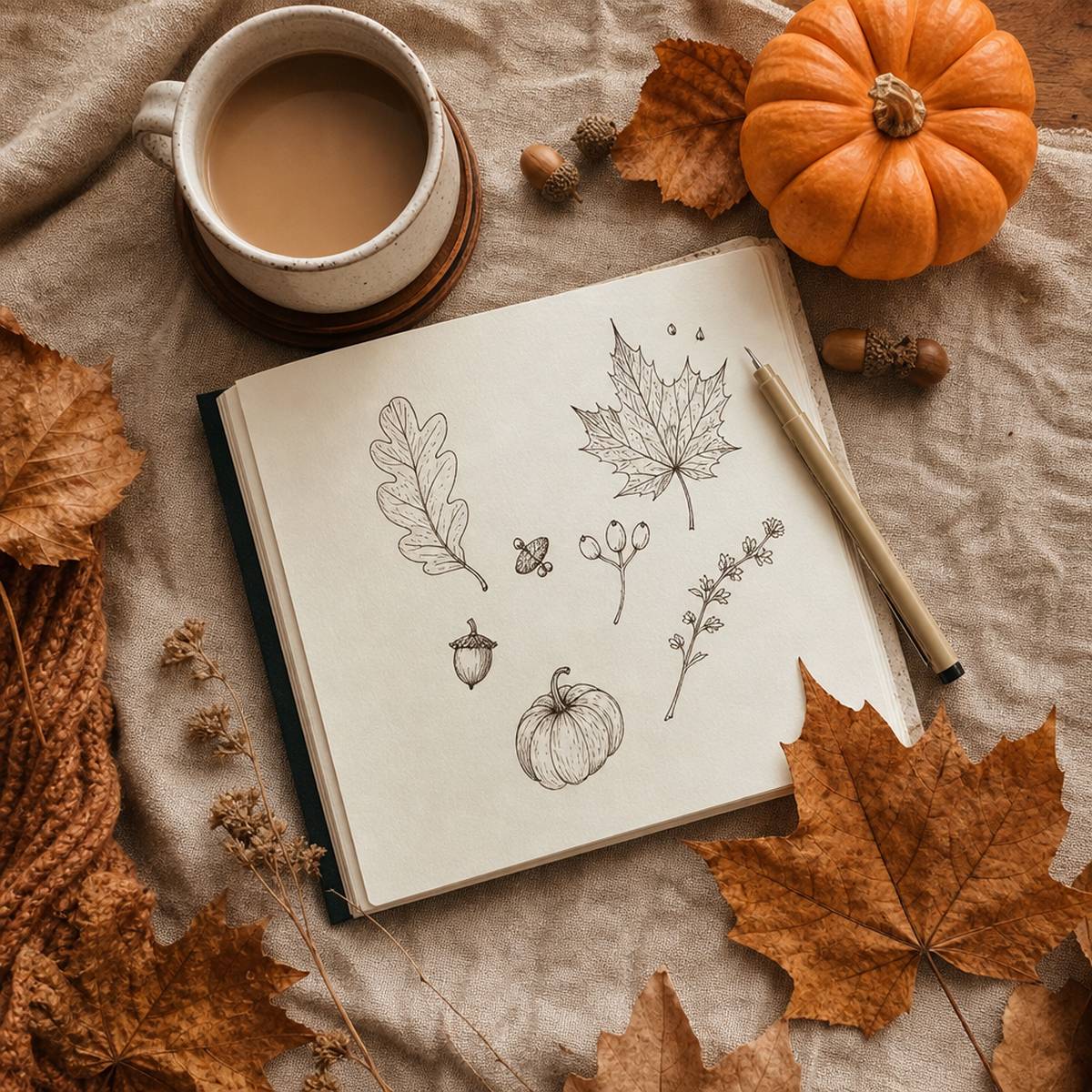 Thirty easy Thanksgiving doodles drawn in black fineliner on cream paper — turkey, pumpkin pie, acorns and maple leaves