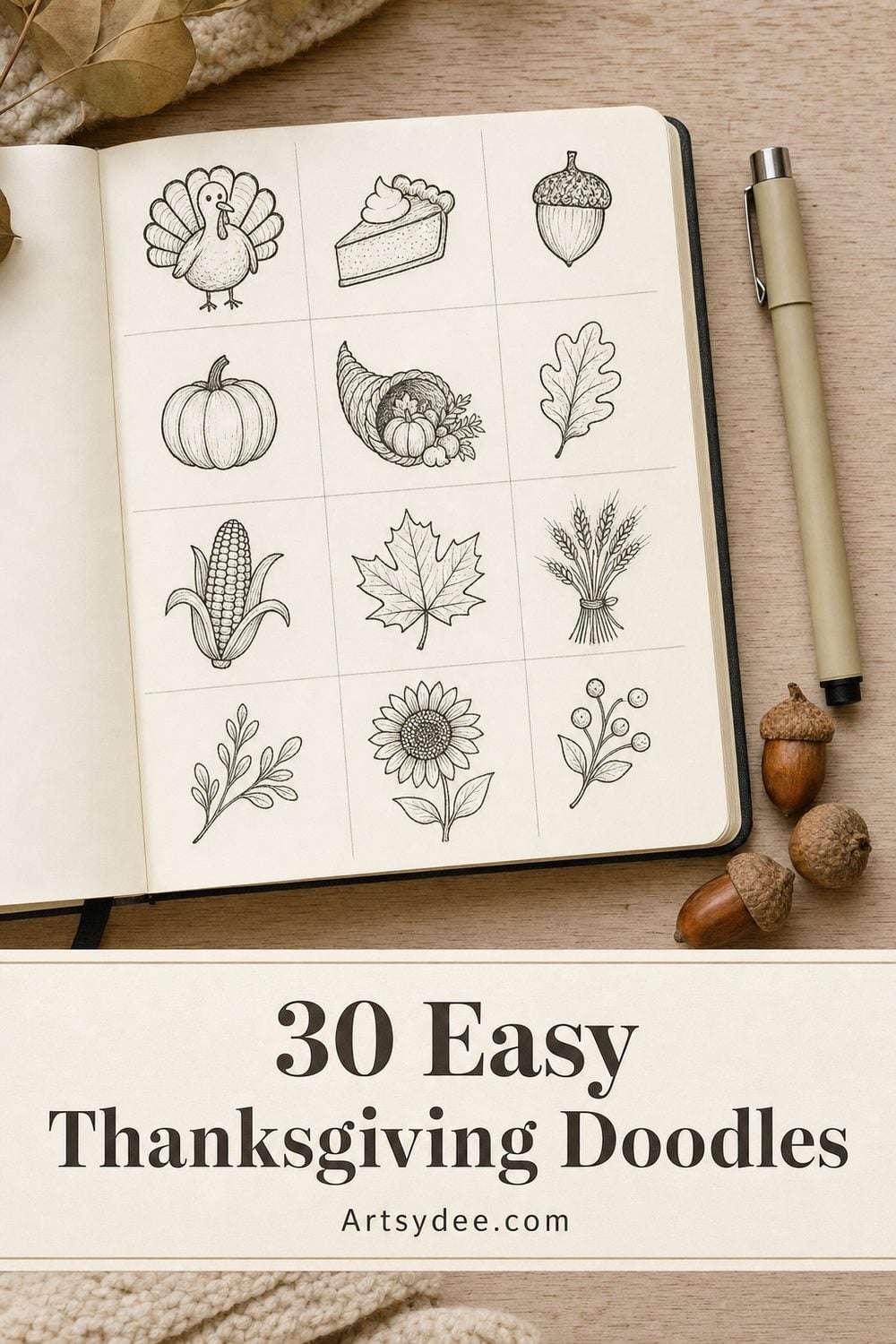 Open sketchbook showing 30 easy Thanksgiving doodles drawn in black fineliner &mdash; turkey, pumpkin pie, acorn, corn and maple leaf