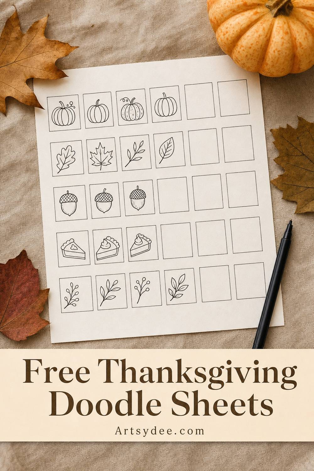 Free printable Thanksgiving doodle practice sheet with rows of boxes, autumn leaves and a black fineliner pen