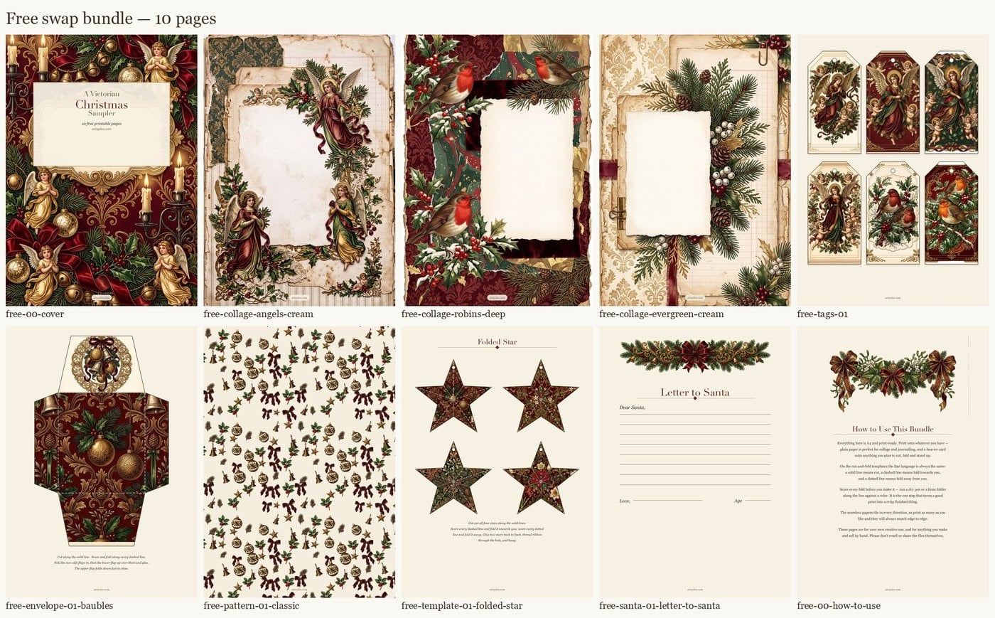 The ten pages inside the free Victorian Christmas Sampler
