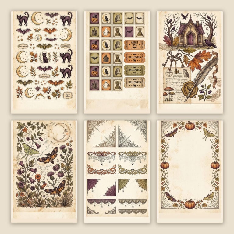 Six printable pages from the free Vintage Halloween Junk Journal Starter Pages — sticker sheet with black cats, moons and bats, vintage stamps and Halloween tickets, keys and raven ephemera, a moth plate, spiderweb corners and a bordered journal page.