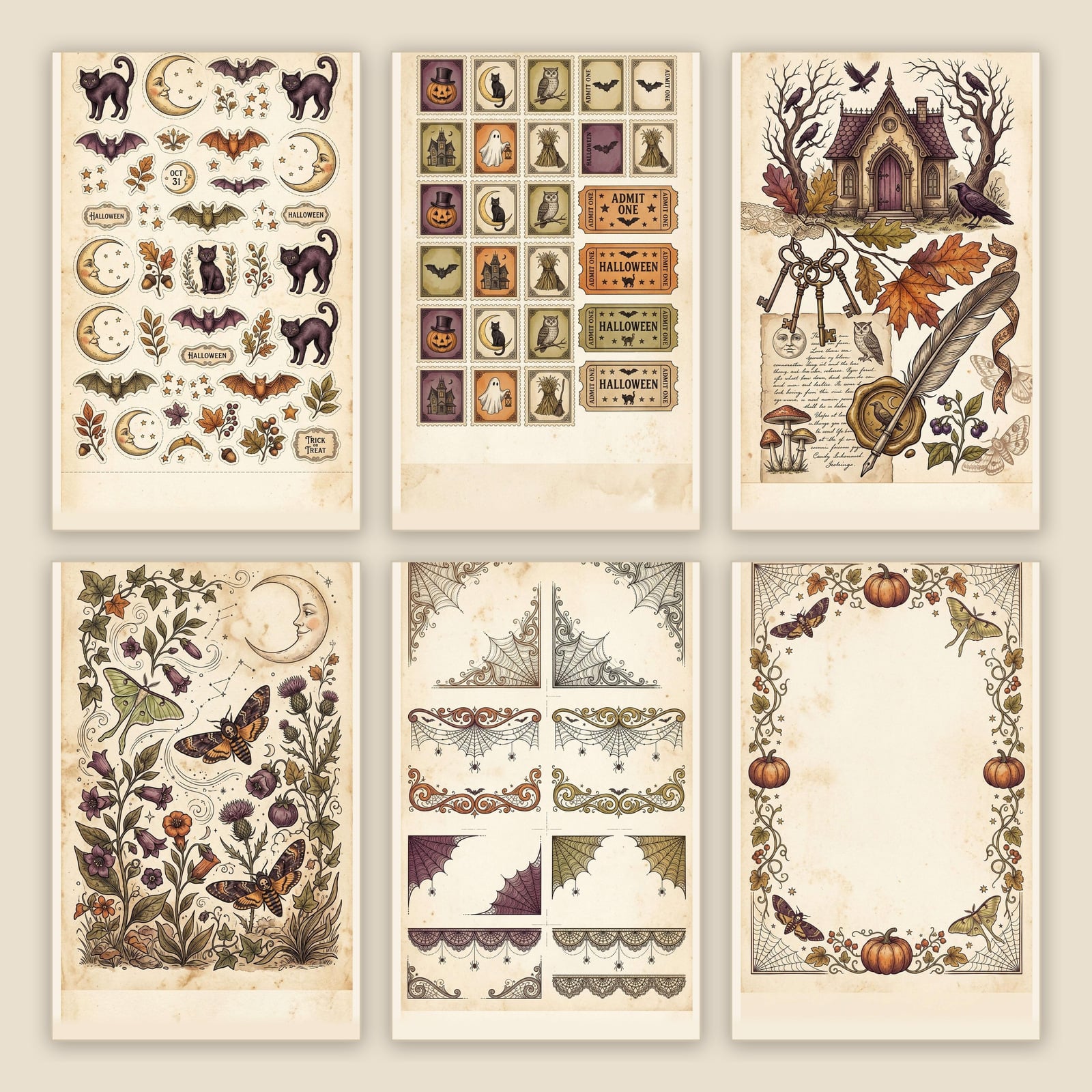 Six printable pages from the free Vintage Halloween Junk Journal Starter Pages — sticker sheet with black cats, moons and bats, vintage stamps and Halloween tickets, keys and raven ephemera, a moth plate, spiderweb corners and a bordered journal page.