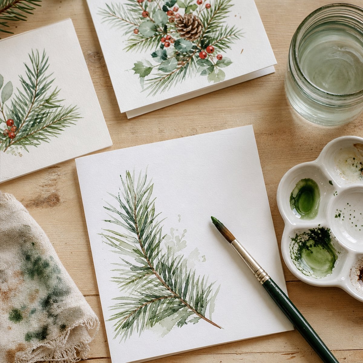 Free printable watercolor Christmas card templates with a brush and paint palette