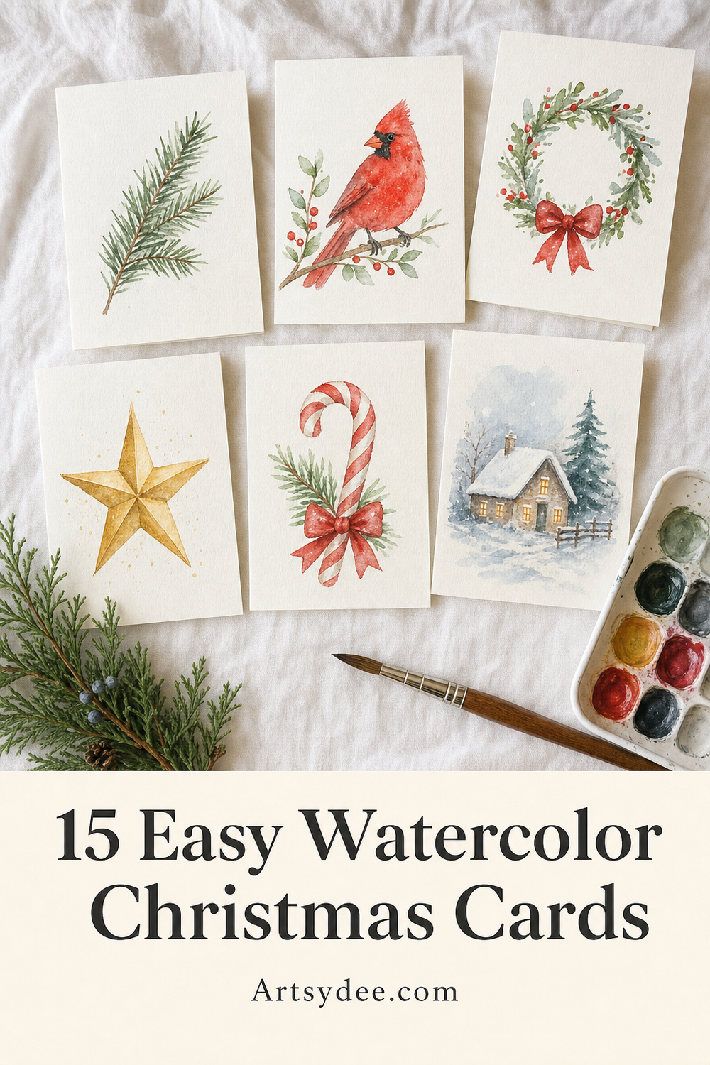 Six finished easy watercolor Christmas cards laid out on white linen with a brush and paint palette