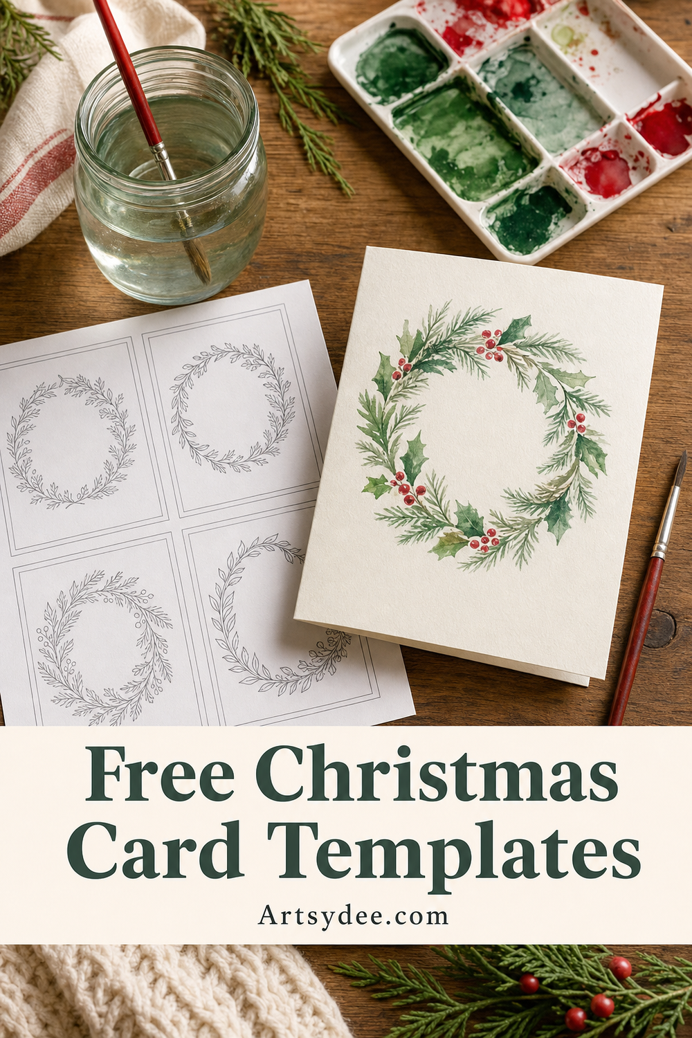 Free printable Christmas card templates being painted with a watercolor wreath, with brush, water jar and palette