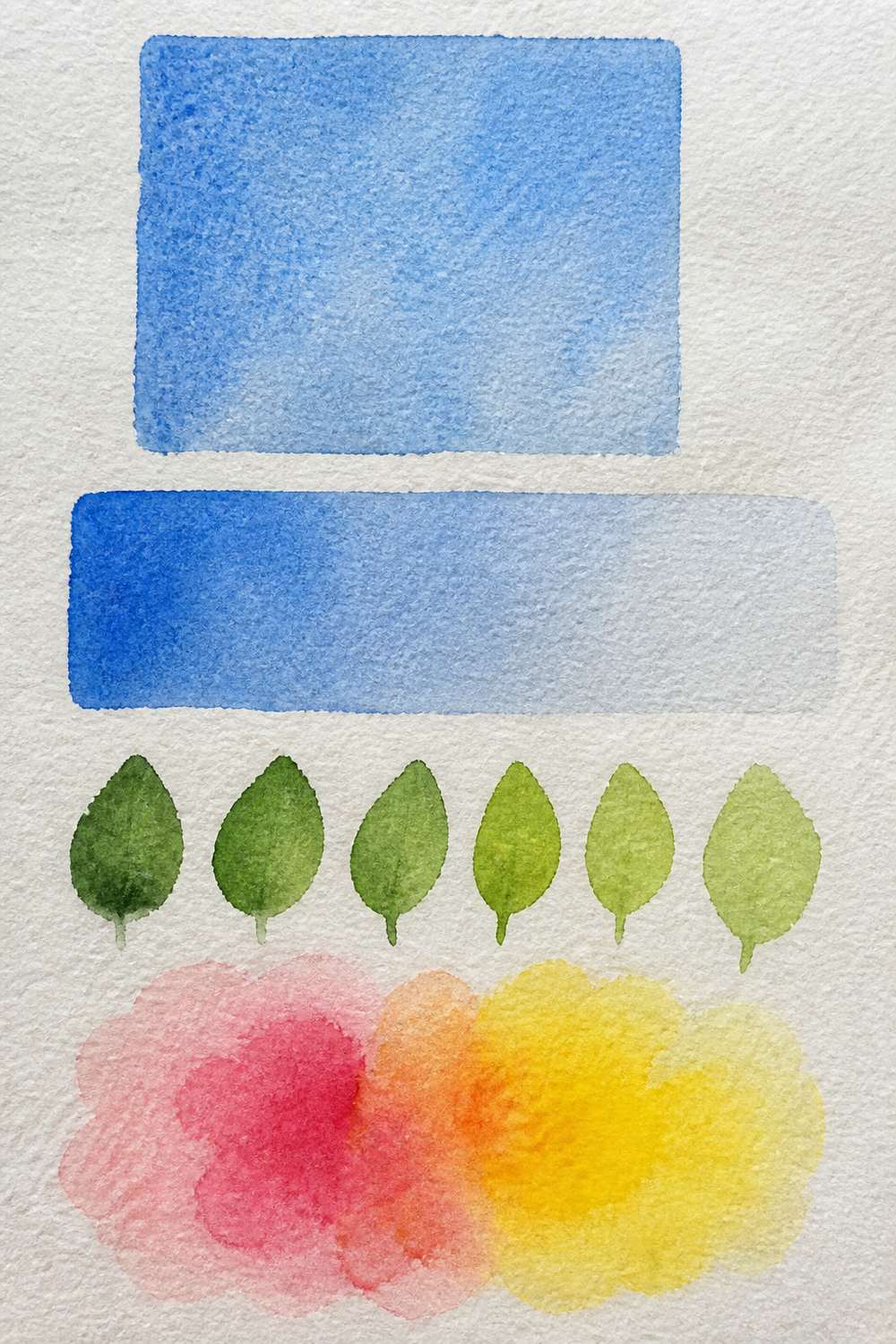Beginner watercolor practice sheet with a flat wash square, graded wash, blob leaves and wet-on-wet colour blooms