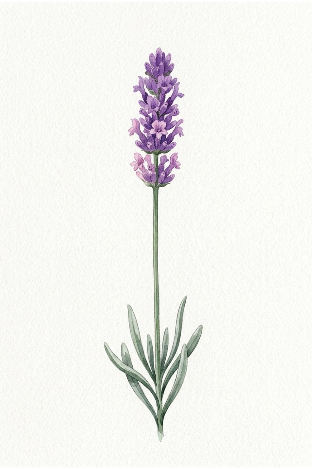 Loose watercolor lavender stem painted with simple dab strokes on textured paper