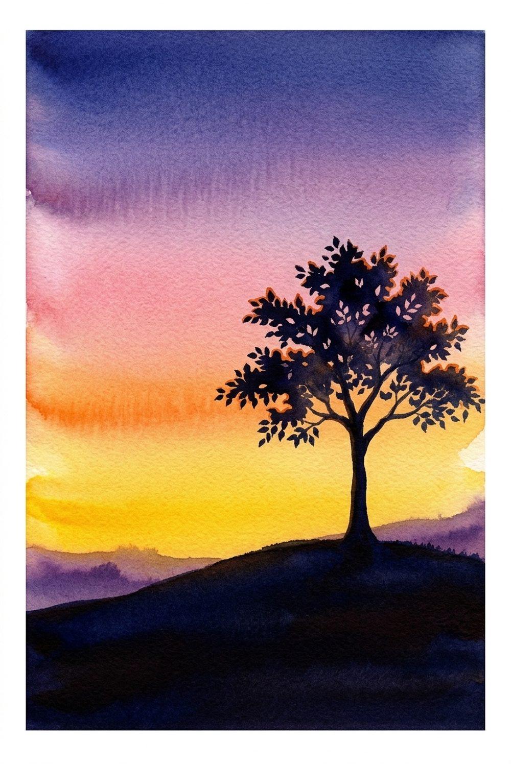 Easy watercolor sunset with a dark lone tree silhouette on a hill