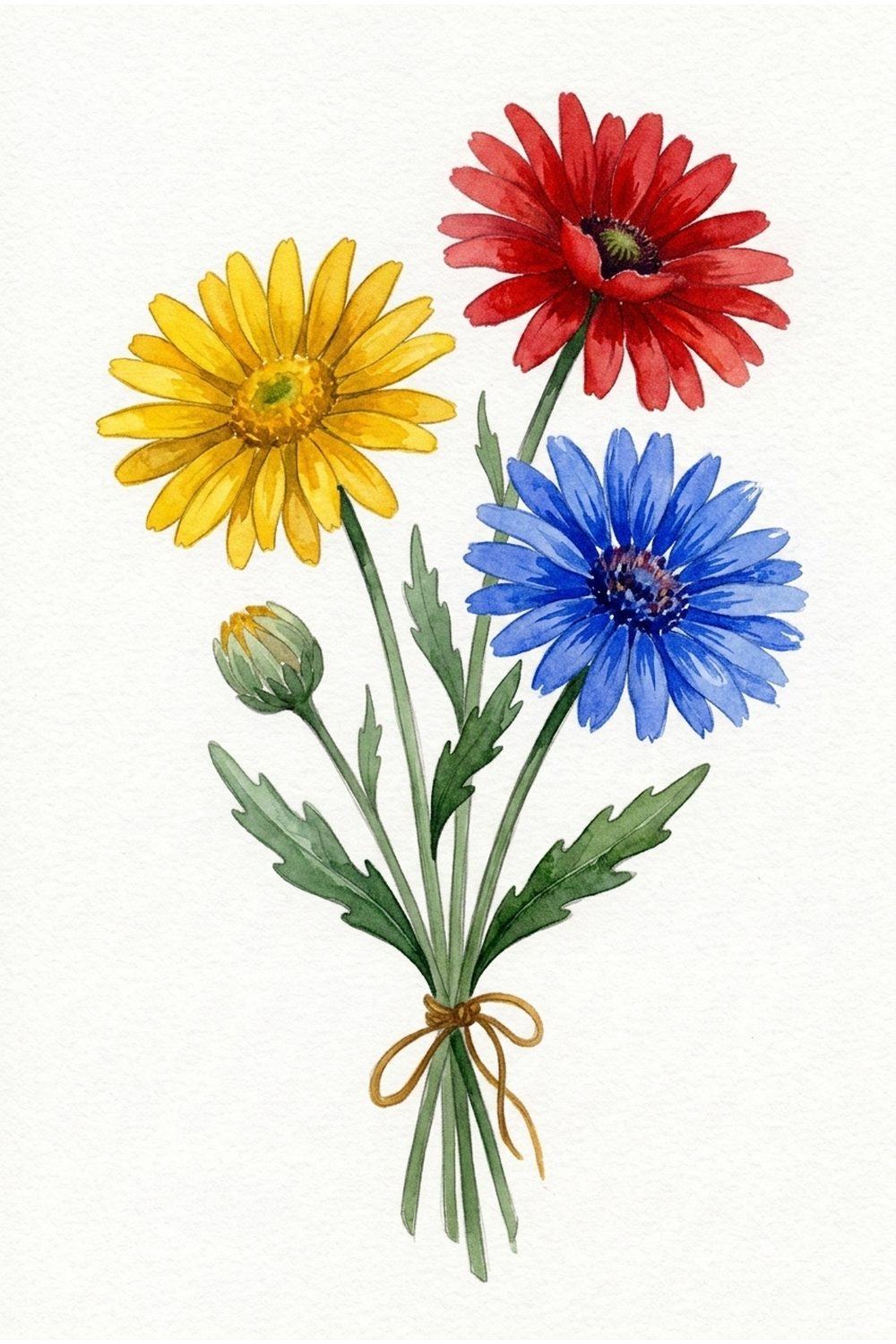 Simple watercolor wildflower bunch with a daisy, an easy first flower painting for beginners