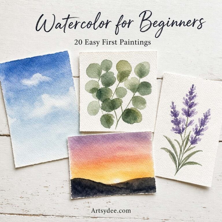 Watercolor for beginners — 20 easy first paintings, flat lay of simple beginner watercolour paintings