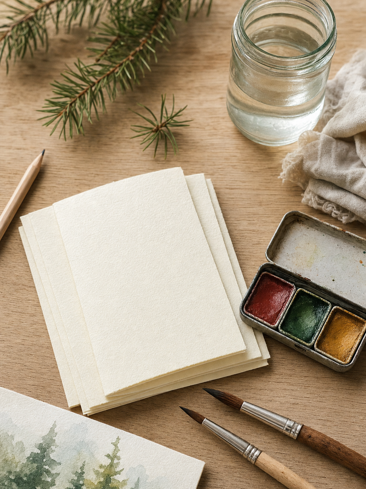 Watercolor Christmas card supplies laid out on a pale wooden desk: blank folded cards, a pan palette, two round brushes and a jar of water