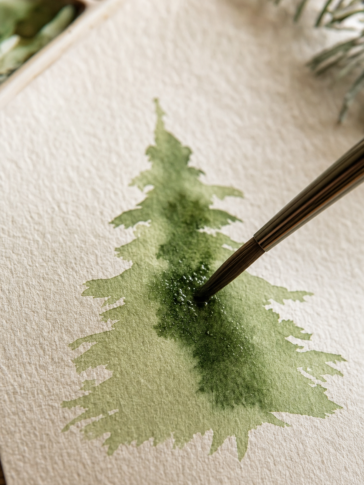 Close-up of a brush dropping deep green pigment into a wet shape on cold press paper, the color blooming outward into a loose fir tree