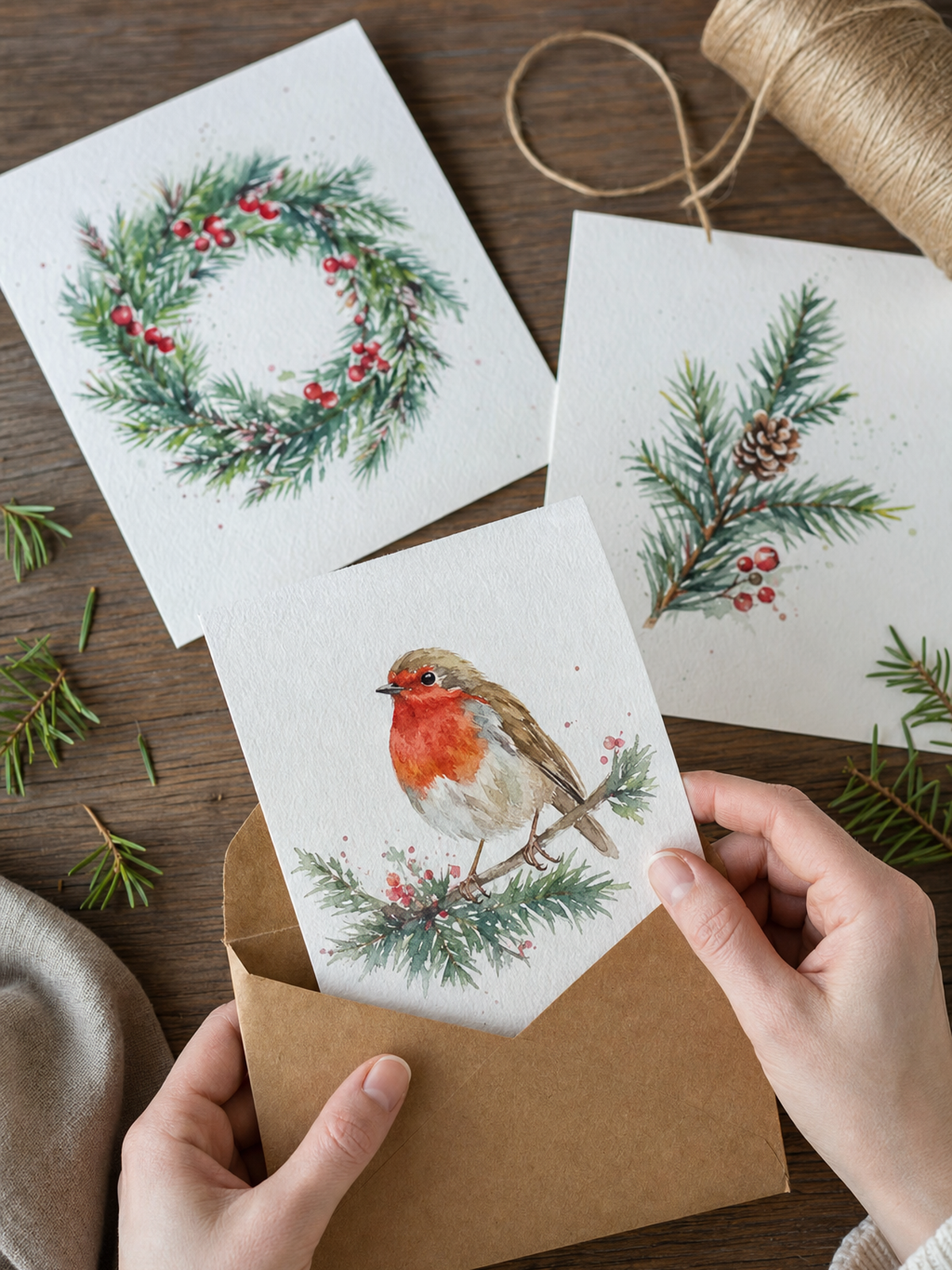 Three finished watercolor Christmas cards drying flat on a wooden table, one being slipped into a kraft envelope with twine