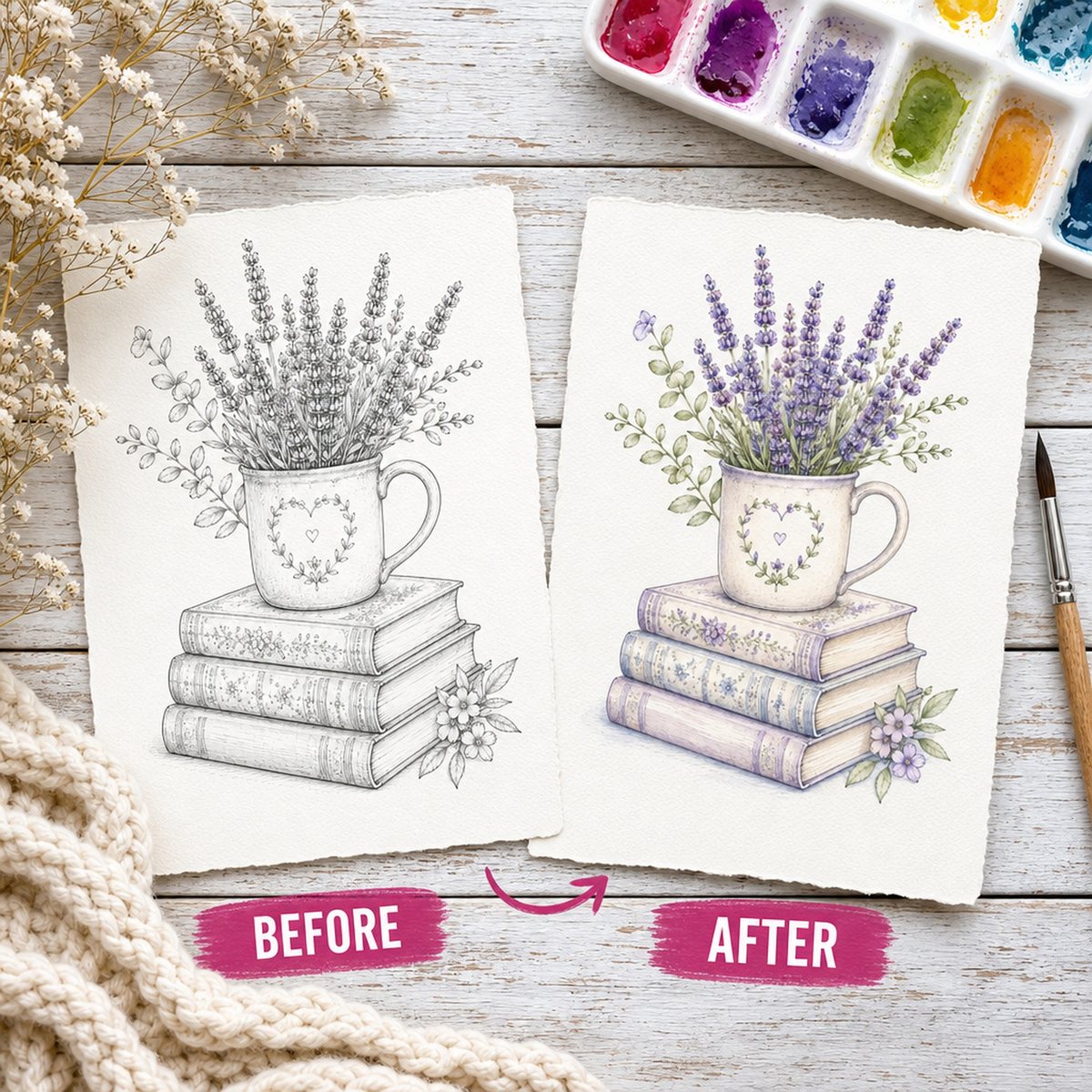 Before and after: a cosy outline template and the same scene painted in watercolor