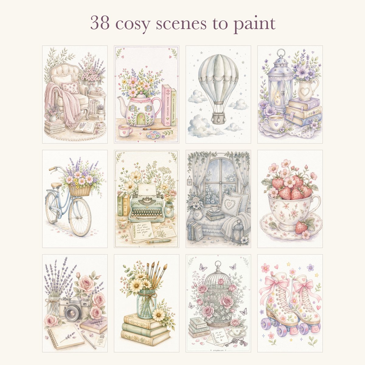 A grid of twelve cosy scenes from the Cozy Watercolor Practice Book: teacups, bicycles, windows and flowers