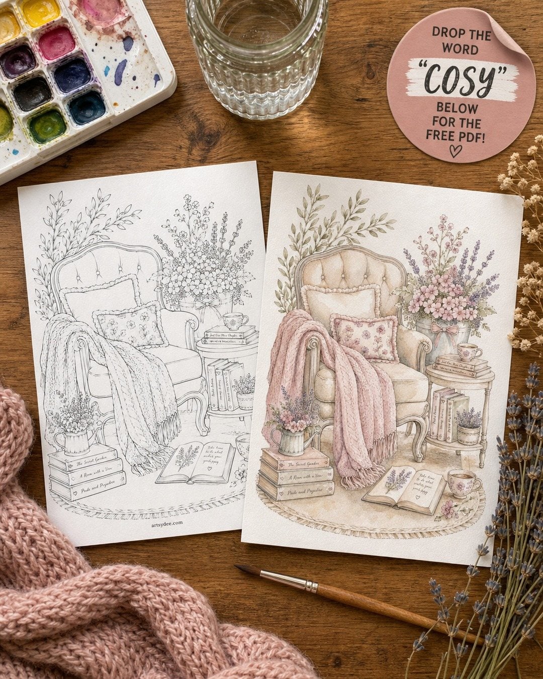Free cozy watercolor template of an armchair reading nook: the pencil outline beside its painted inspiration example on a wooden desk