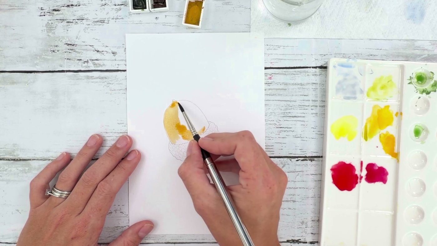 Painting a yellow ochre wash over the acorn and leaving a streak of white paper for the highlight