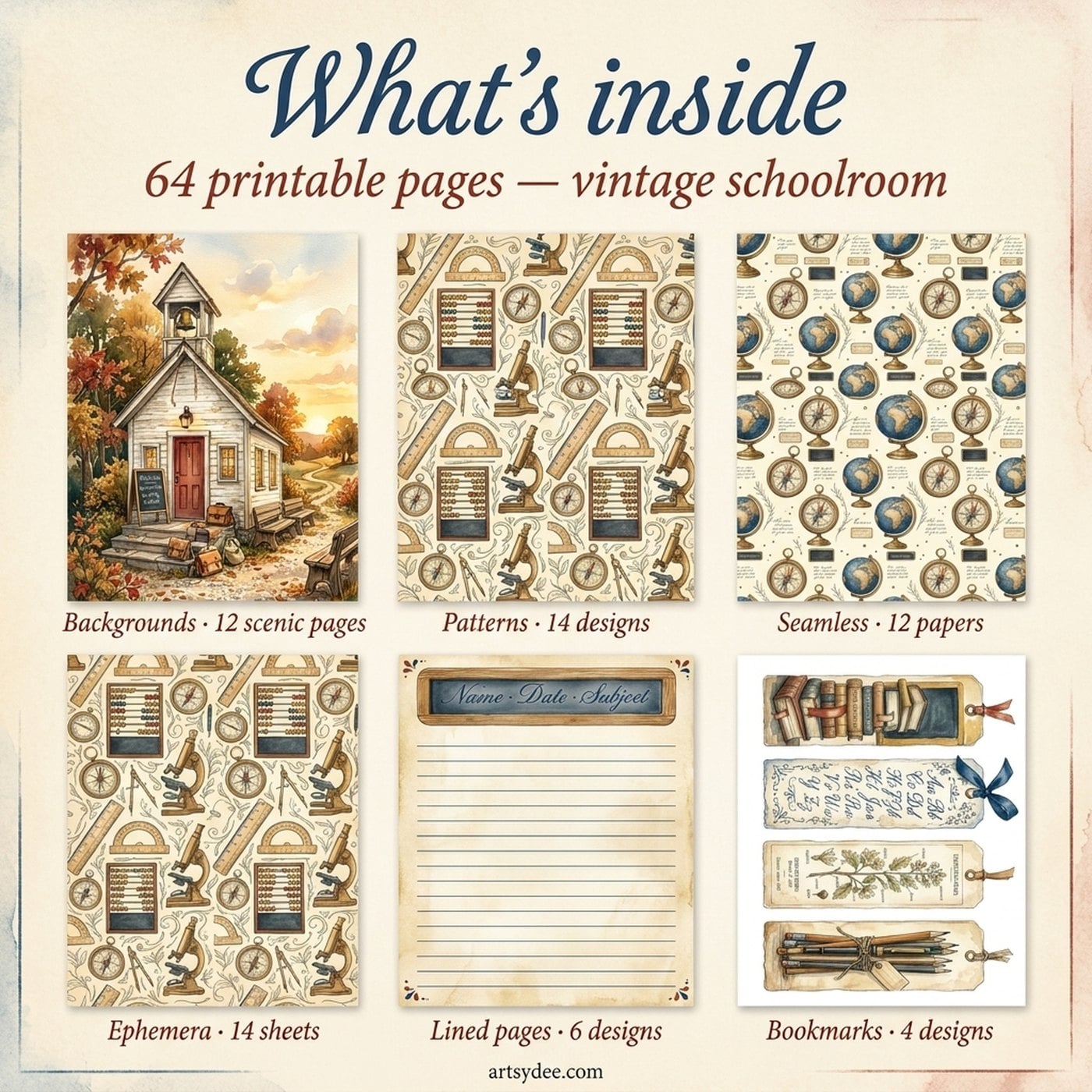 A grid showing the 64 printable pages inside the Back to School Vintage junk journal kit