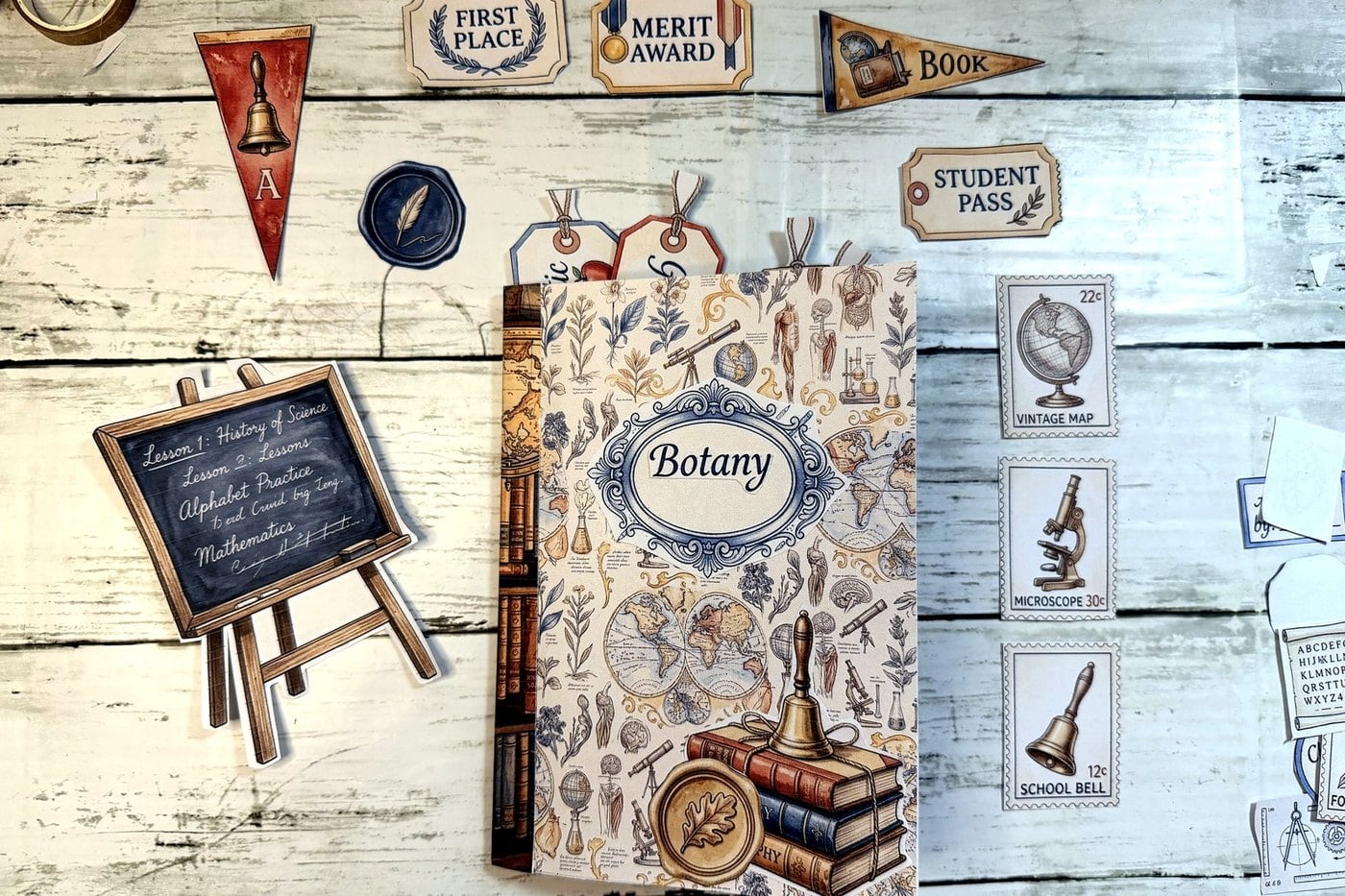 A finished vintage schoolroom junk journal spread with tags, cards and an envelope