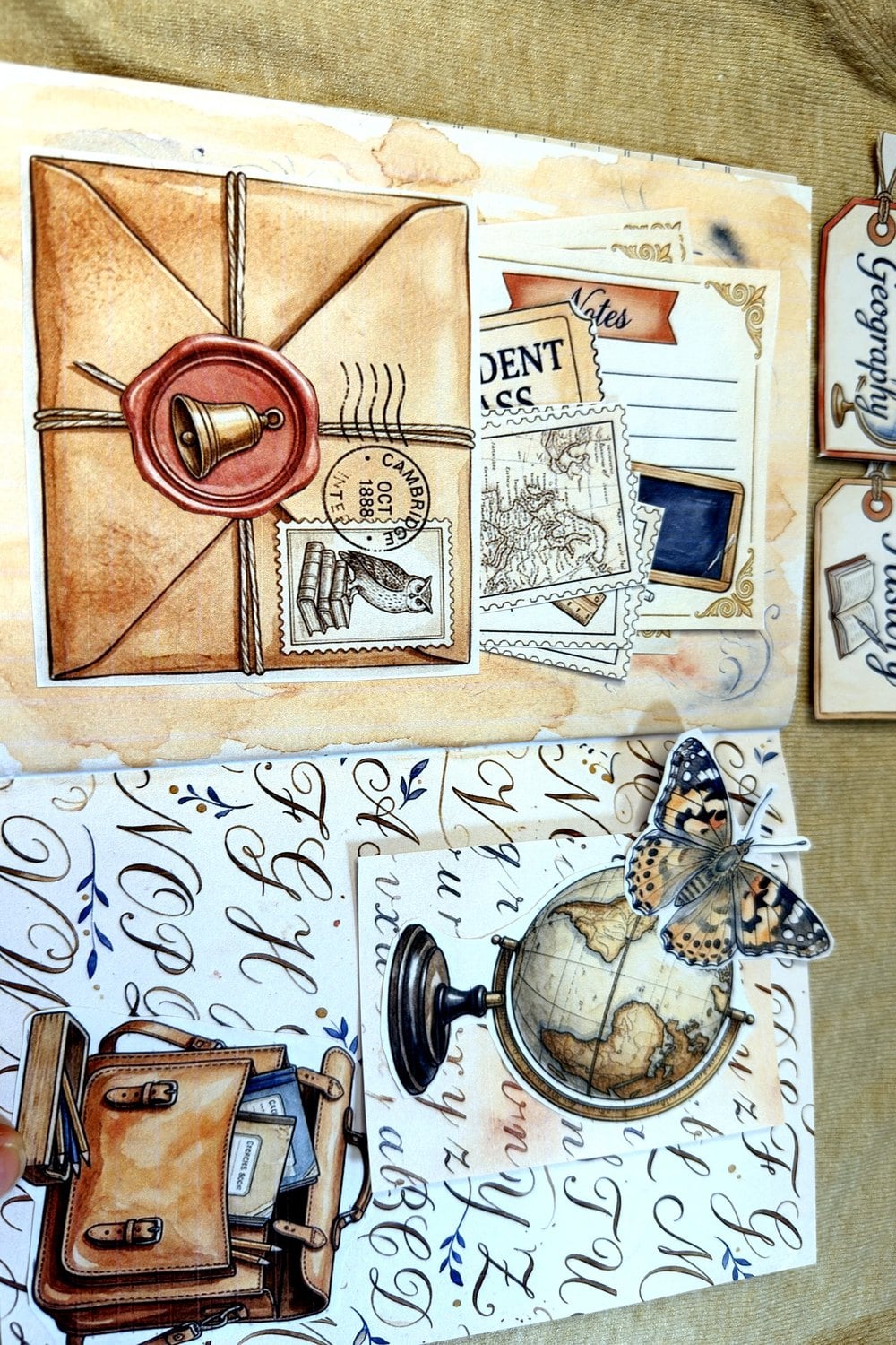 A vintage style mini envelope with a wax seal, vintage postage and a Student Pass card tucked inside