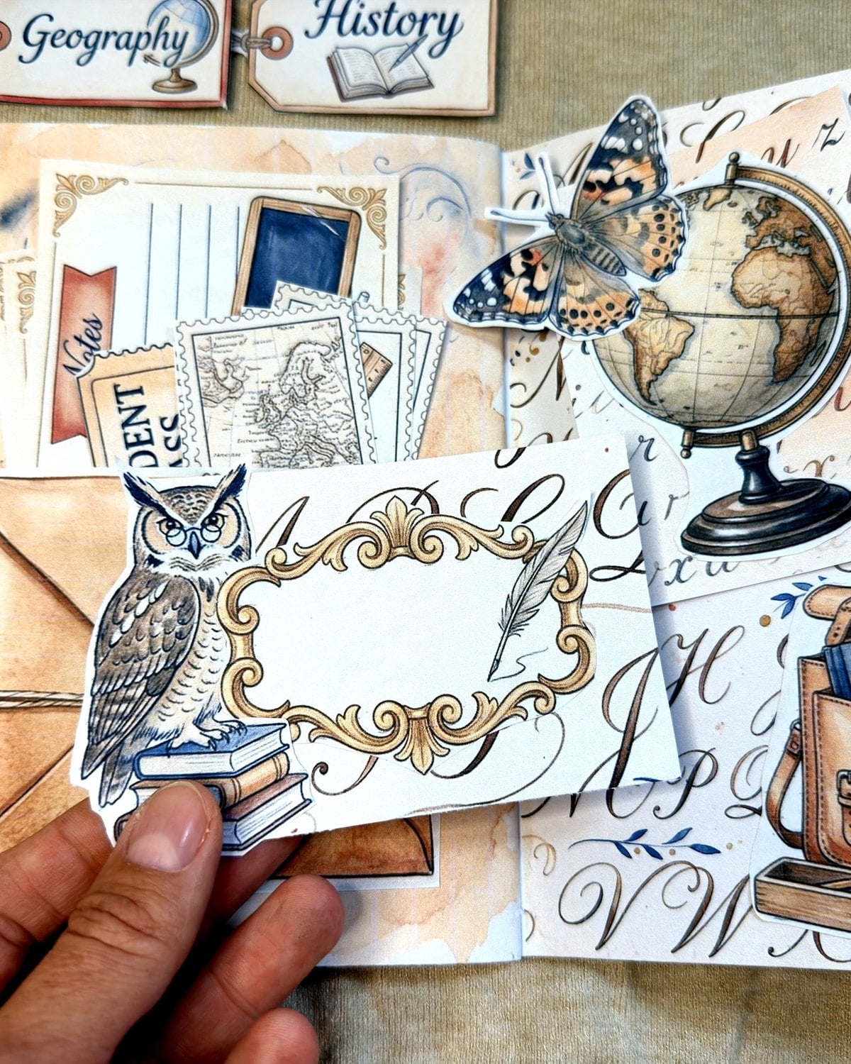A hand lifting a printed folio card off a finished junk journal page