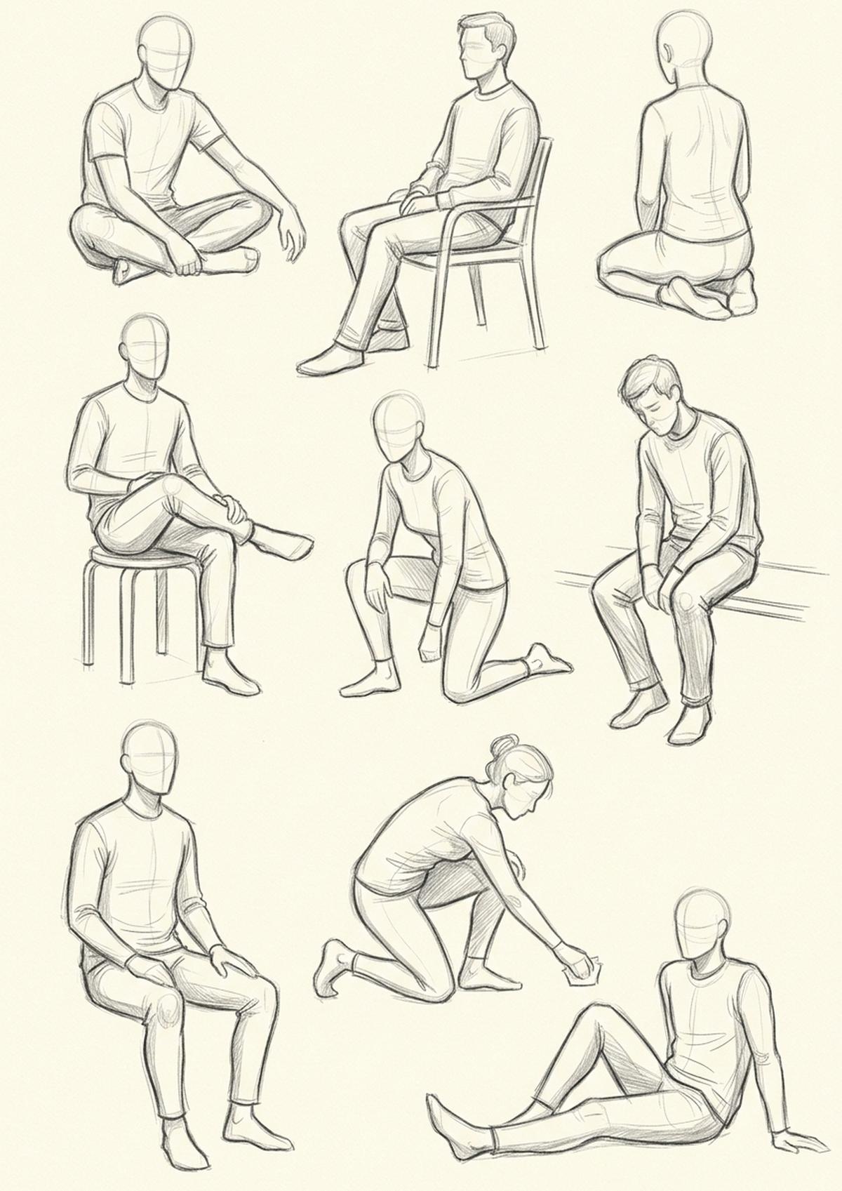 Seated and kneeling figure poses reference