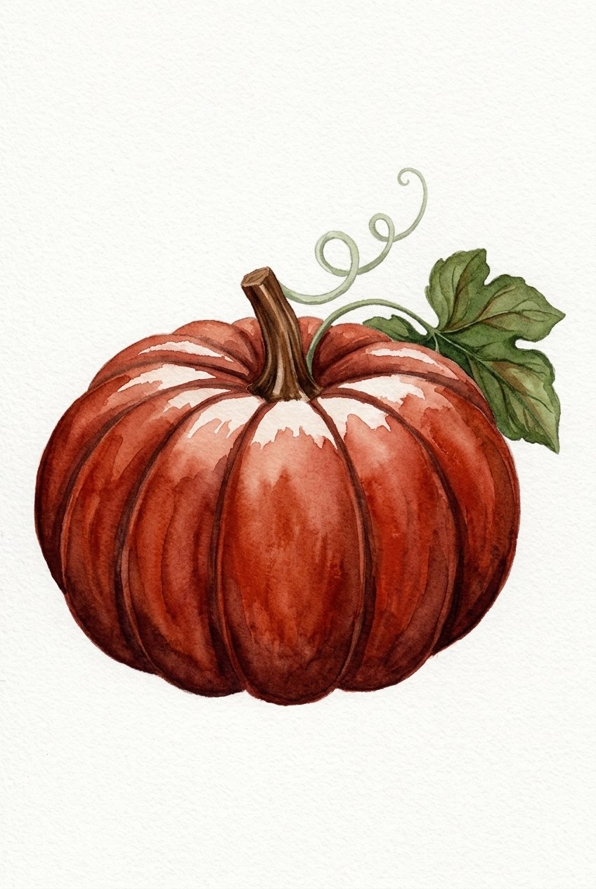 A Cinderella pumpkin painted in warm brick red watercolour, with a soft pale highlight along the top of each section