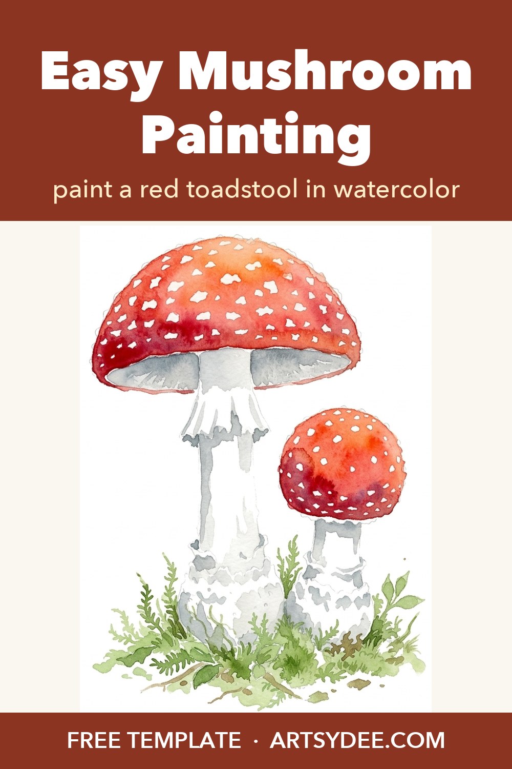 Easy mushroom painting: a red watercolor fly agaric toadstool, with a free template