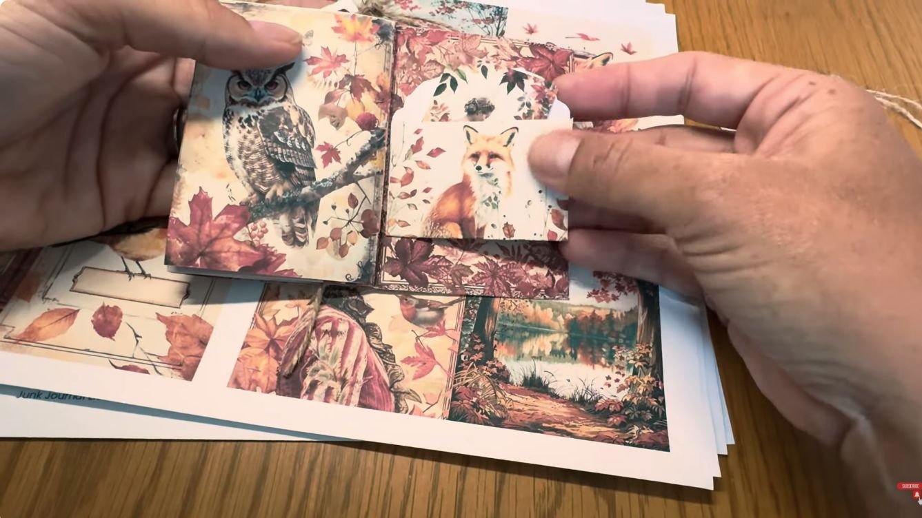 Hands adding a folded fox envelope and ephemera to a mini autumn junk journal